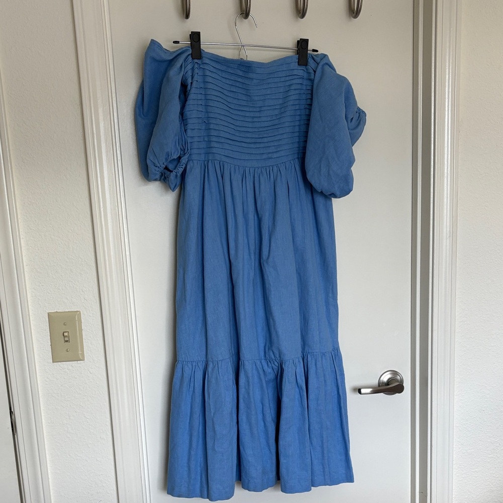 Abercrombie & Fitch Emerson Poplin Puff-Sleeve Midi Dress - Blue Small